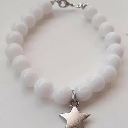 Gemstone White Jade Bracelet, Star, Summer..