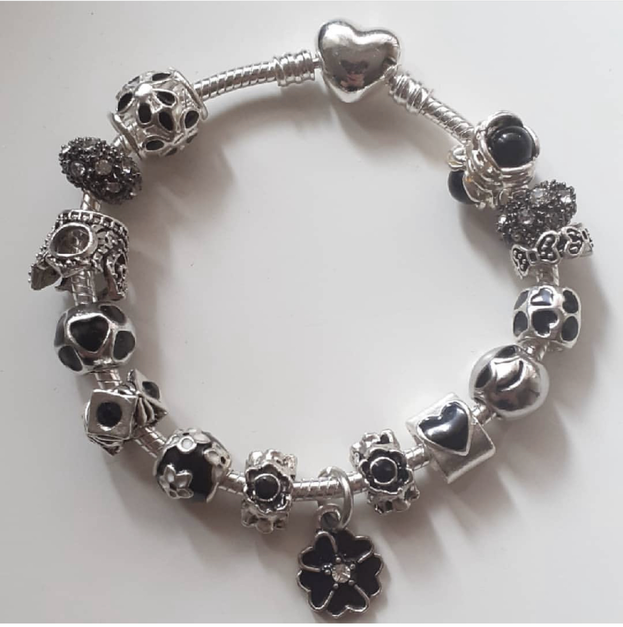 Pandora Bracelet, Pandora Charm, Charm Bracelet Like Pandora, Pandora Style, Gift For Her, Charm Bracelet,black Pendant,heart,flowers,crown