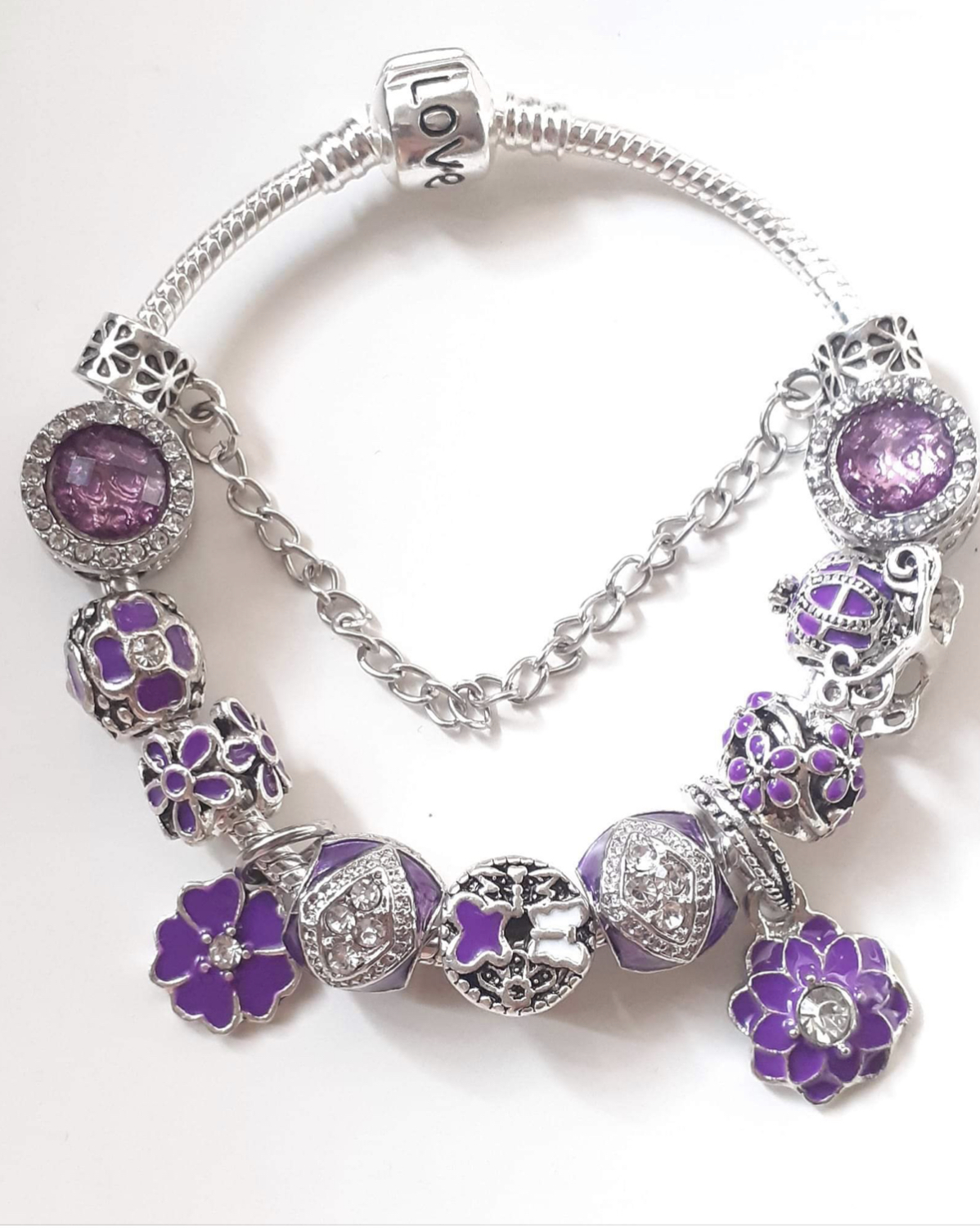 Charm Bracelet Like Pandora, European Pandora , European Charm Bracelet,flowers,carriage, Pendant With Zircons, Gift For Women,gift, Purple