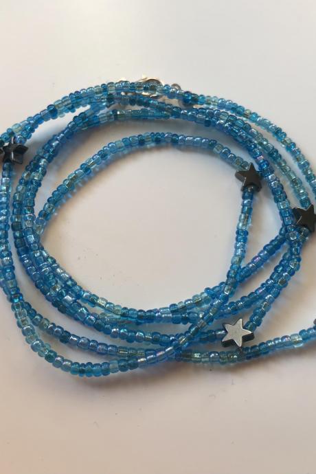 Seed bead bracelet,Seed beads bracelet,Wrap bracelet,Beaded wrap bracelet,Summer jewelry,Hematite stars,Blue seed bead bracelet, Boho style