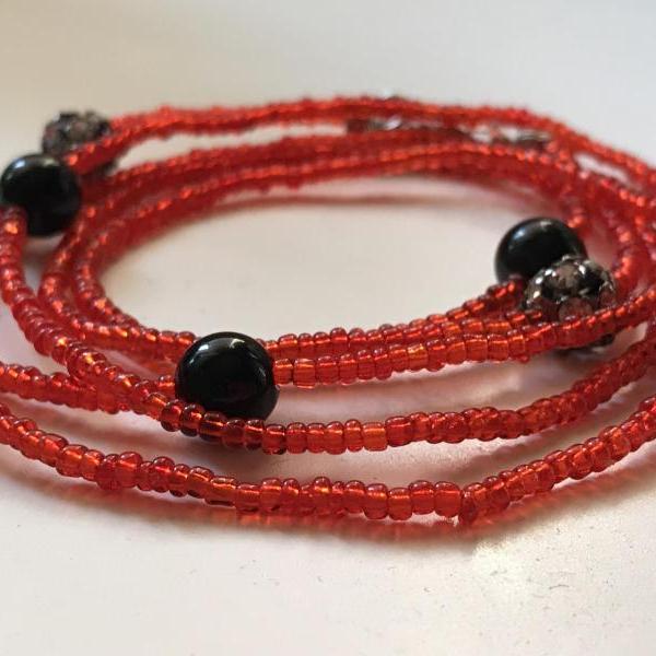 Seed bead bracelet,Seed beads bracelet,Wrap bracelet,Beaded wrap bracelet,Boho bracelet,Onyx stone bracelet,Red seed beads,Rhinestone balls